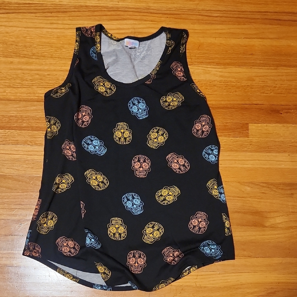LuLaRoe Black Tank Top with Colorful Skull Design